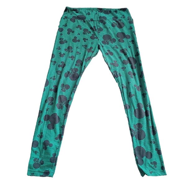 Disney Mickey Mouse Leggings LulaRoe Plus Size Black Green Striped Twee - Picture 1 of 7